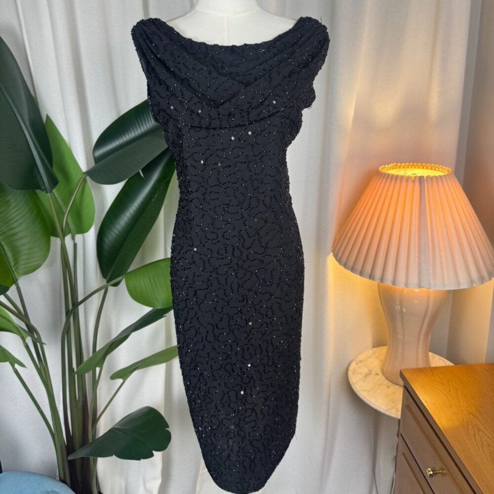 Vintage 90s JMD New York Beaded Embellished Cowl Neck Mini Dress sz 14